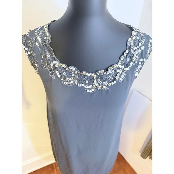Twenty One Grey Beaded Sequin Shift Dress Sheer Overlay Cap Sleeve Small - Picture 2 of 8